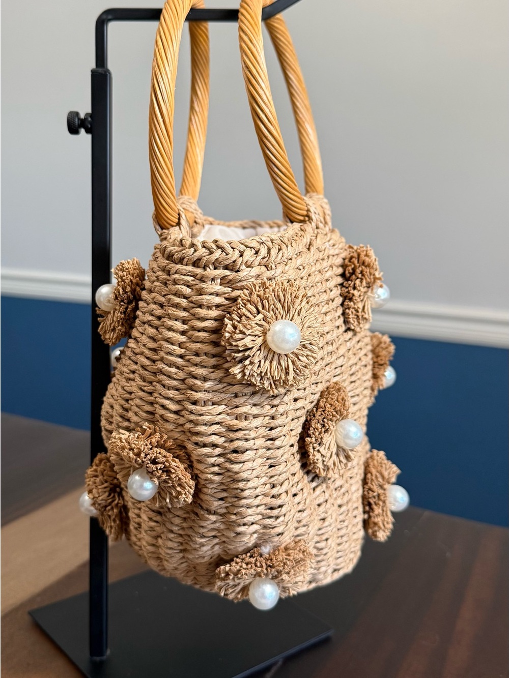 Natural Raffia Round Tote with Pearl Pom-Poms - Picture 6 of 7